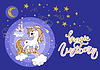 Vector clipart: Golden sparkle cartoon unicorn on blue background