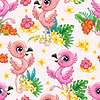 Vector clipart: Seamless tropical pattern with cute flamingo birds