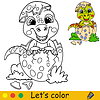 Cartoon baby tyrannosaurus in egg coloring book page