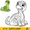 Vector clipart: Cartoon cute dinosaur brontosaurus coloring book