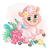 Vector clipart: Cute cartoon pink alpaca with flowers