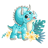 Vector clipart: Cute cartoon turquoise triceratops with flowers