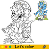 Cartoon blue baby Triceratops in egg coloring book
