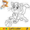 Vector clipart: Cartoon cat with ball coloring book page