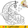Cartoon cat sleeping on moon coloring book page
