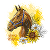 Portrait of horse and flowers on yellow