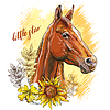 Portrait of chestnut horse and flowers