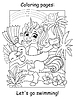 Cute unicorn in an inflatable circle with fins