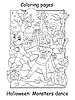 Vector clipart: Coloring Halloween monsters dancing in forest