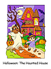 Halloween children walk past haunted house colorful