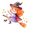 Halloween cute witch on broomstick watercolor | Stock Illustration