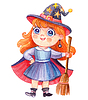 Halloween cute witch with broomstick watercolor | Stock Illustration