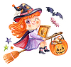 Halloween witch with book on broomstick watercolor | Stock Illustration