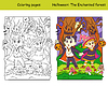 Vector clipart: Coloring and color Halloween kids in forest