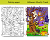 Vector clipart: Coloring and color Halloween witch and ghost