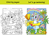 Cute unicorn in an inflatable circle with fins