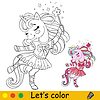 Cartoon unicorn ballerina in dress coloring book