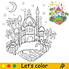 Cartoon magical oriental castle coloring book page