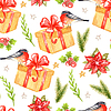 Photo 300 DPI: Seamless pattern Christmas plants and bullfinch