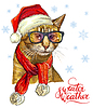 cat in Christmas hat, scarf and snowflakes