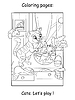 Vector clipart: Cute kitten play with fish kids coloring book page
