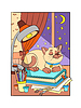 Cute cat dreaming on books cartoon