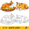 Cute sleeping cats coloring page with template