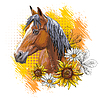 Portrait of bay horse and flowers
