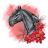 Vector clipart: Portrait of black horse and flowers
