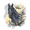 Portrait of black horse and leaves