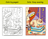 Vector clipart: Coloring and color cat sleeping on books