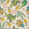 Seamless pattern with cartoon house plants in pots