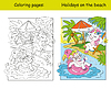 Cute little unicorns swimming in sea coloring book