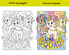 Vector clipart: Cute three running unicorn coloring and template