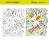 Vector clipart: Cute unicorn with shine coloring and template