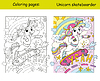Vector clipart: Cute and cool unicorn coloring and template