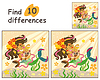 Vector clipart: Find 10 differences with mermaid and cat