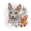 Vector clipart: Cute gray cat with flowers