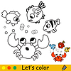 Kids coloring cute surprised crab and fishes