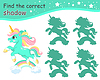 Vector clipart: Find correct shadow turquoise funny unicorn