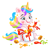 Vector clipart: Cute cartoon character happy unicorn with gift