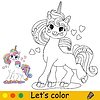 Vector clipart: Cartoon unicorn with hearts kids coloring book page