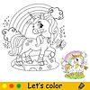 Vector clipart: Cartoon unicorn with rainbow coloring book page