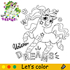 Cartoon green unicorn kids coloring book page