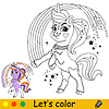 Cartoon standing unicorn kids coloring book page
