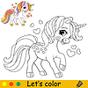 Vector clipart: Cartoon cute unicorn and hearts kids coloring book