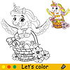 Vector clipart: Kids coloring with cute unicorn with basket