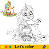 Vector clipart: Kids coloring with unicorn with basket