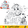 Vector clipart: Kids coloring with Christmas unicorn and gifts