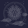 Sun in sky with stars linear hand drawing